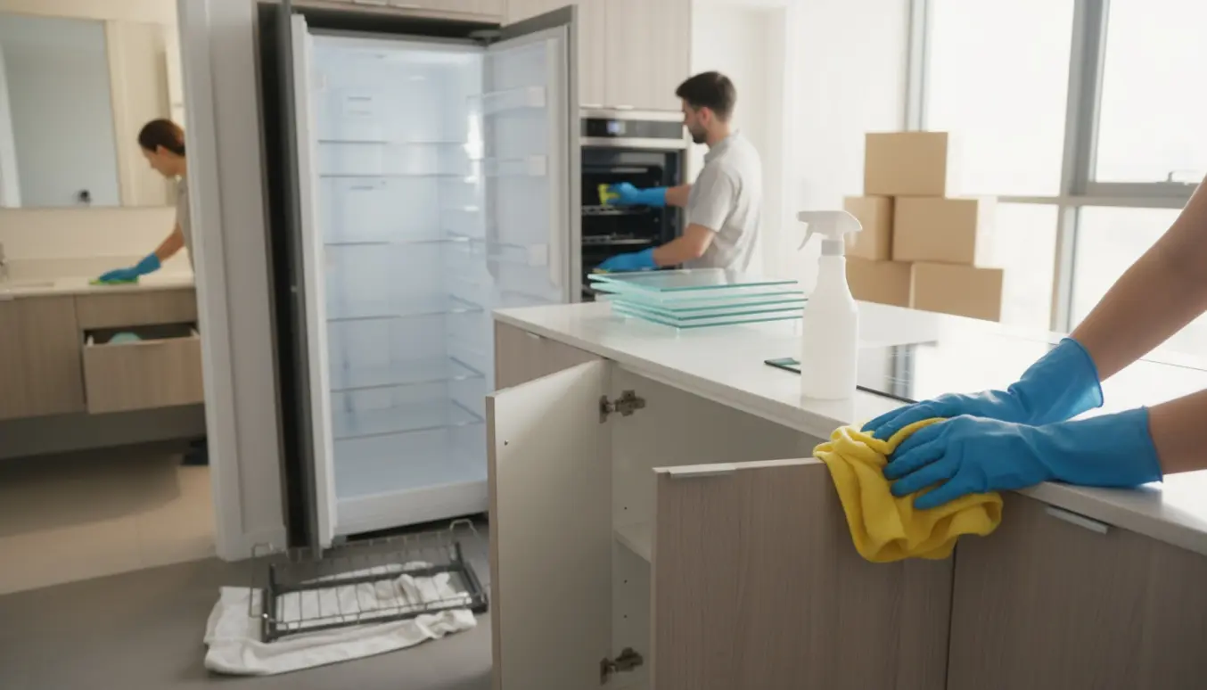 Hænder i gummihandsker aftørrer skabe, ovn og køleskab under indflytningsrengøring.