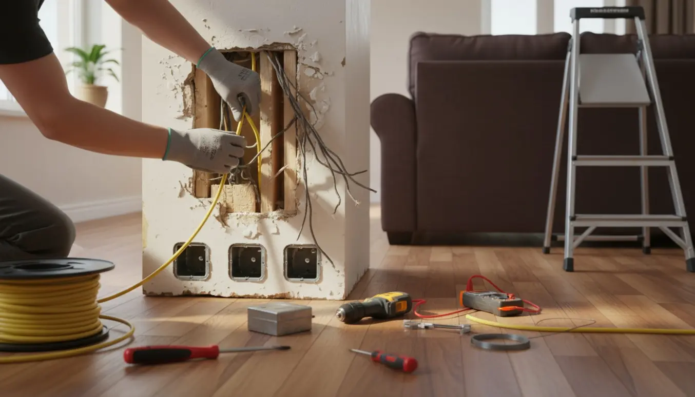 Gloved hænder trækker nye ledninger ind i en åbnet væg i en gammel stue under elrenovering.