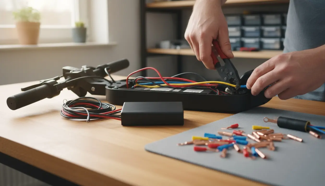 Hænder udskifter controller i et E-Ewheels E7 Pro-løbehjul med kabelsko på et lyst værksted.