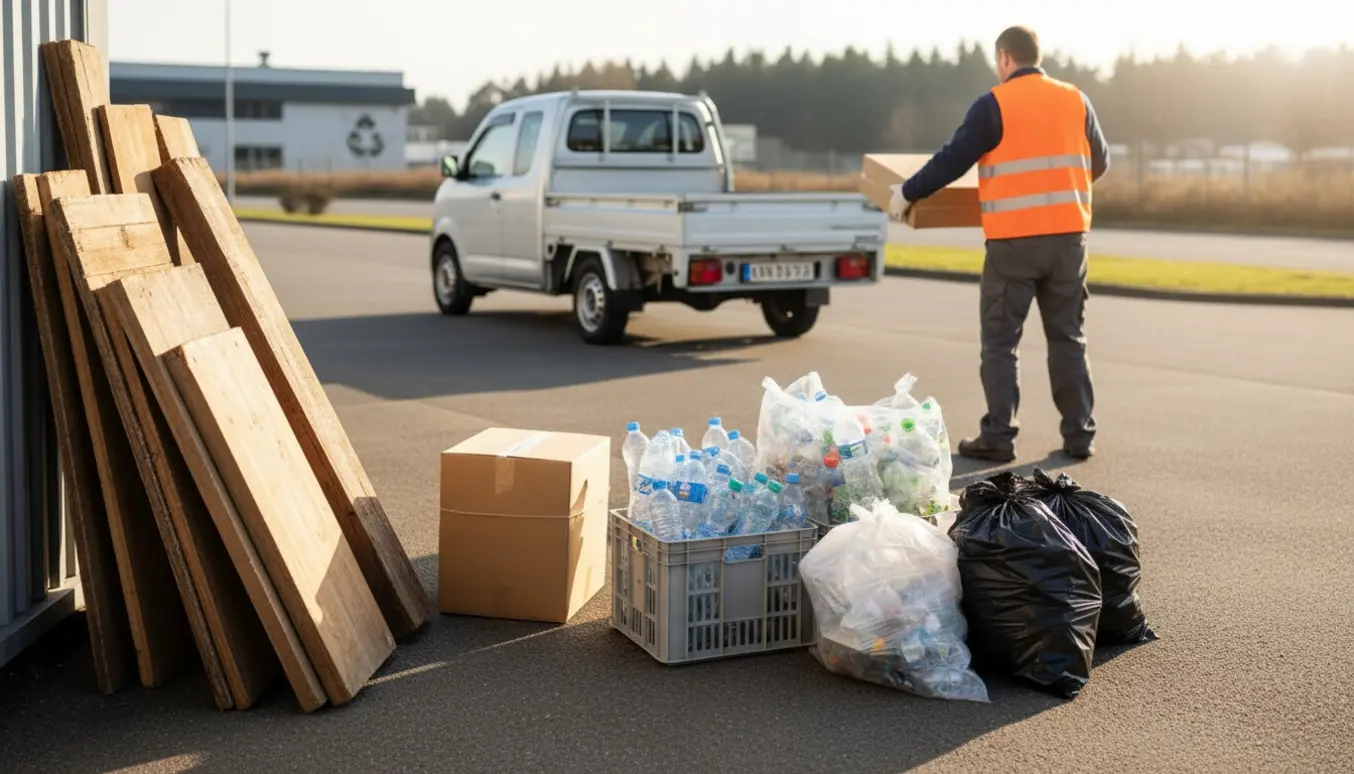 Sorterede bunker af træ, pap, plastik og husholdningsaffald ved kantsten, klar til afhentning med trailer i sollys.