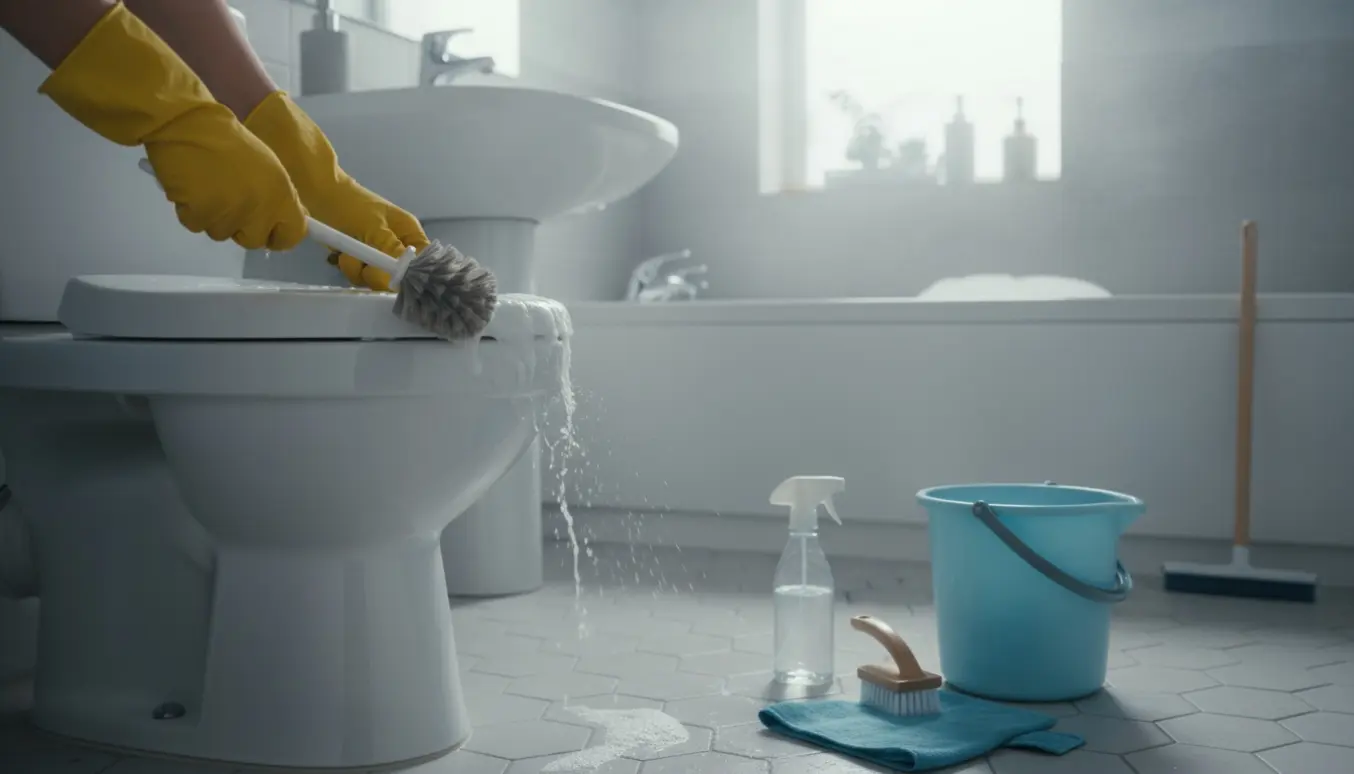 Hænder i gummihandsker skrubber toilettet i et lyst, nypudset badeværelse med rengøringsmidler ved siden af.