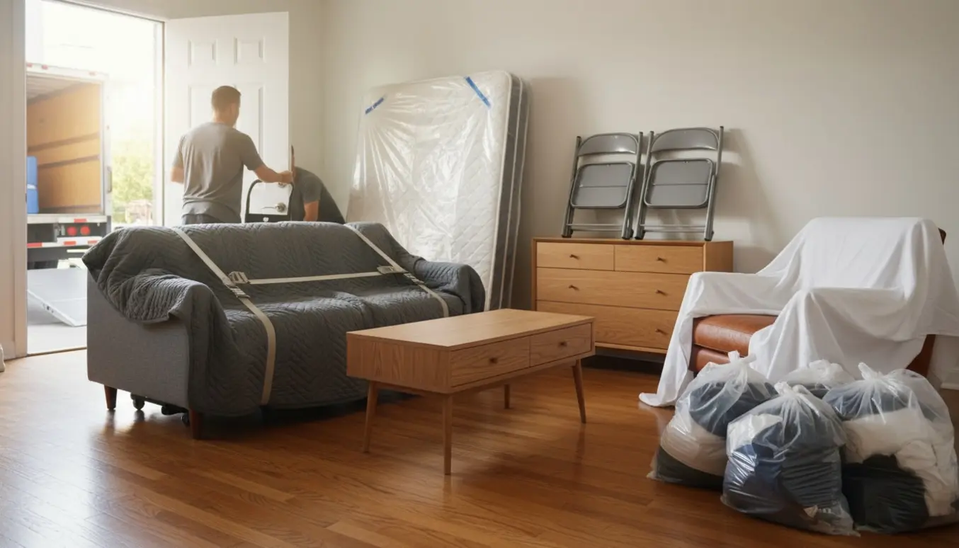 Flytteforberedelser i en stue med sofa, boxmadras, lænestol, kommode, sammenklappede stole og plastikposer ved en åben flyttebil.
