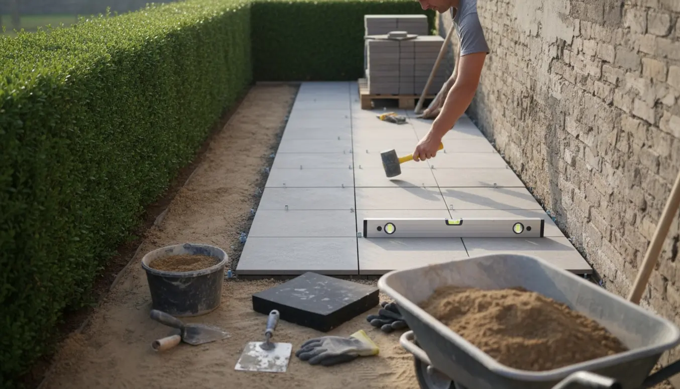 Fliselægger lægger nye fliser på en lille terrasse mellem hæk og mur.