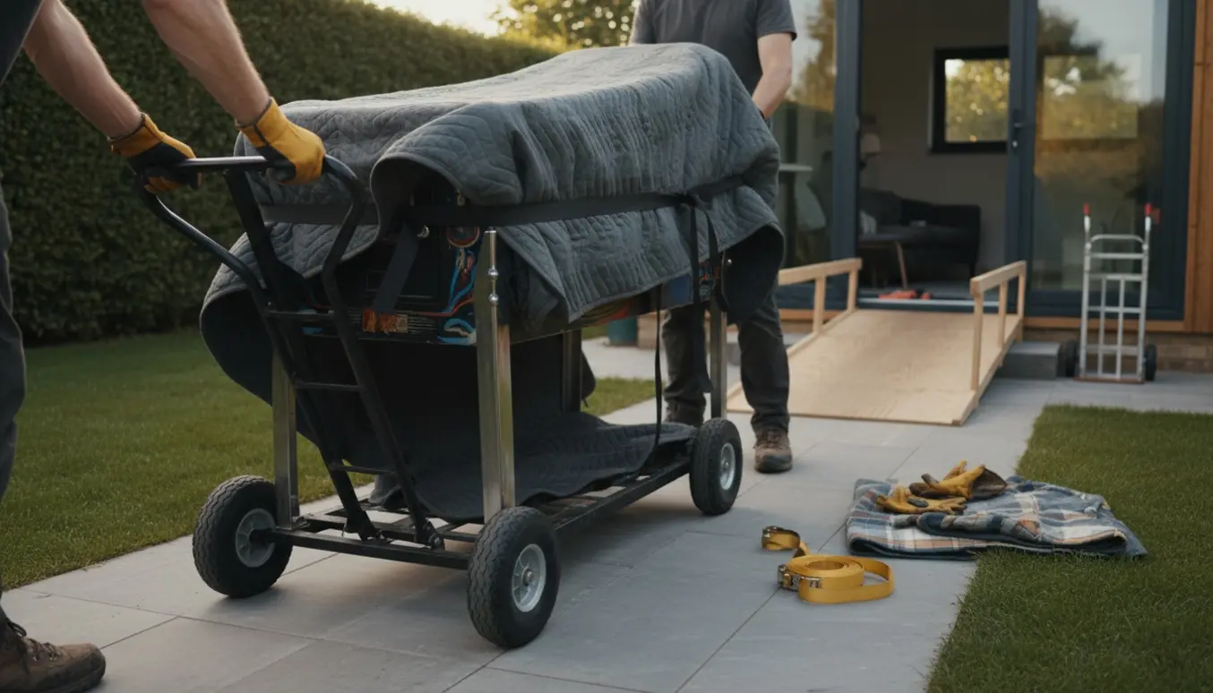 Et tungt flippermaskine på en kraftig dolly føres forsigtigt ned ad havetrin mod et haveværelse, med hjælpere synlige kun som hænder og sko.