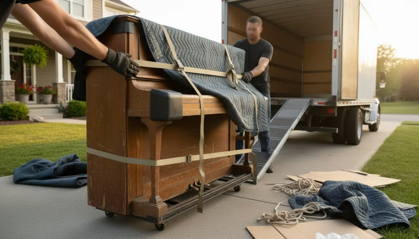Flyttefolk laster et gammelt opretstående klaver ind i en flyttevogn på en indkørsel, ansigter ikke synlige.