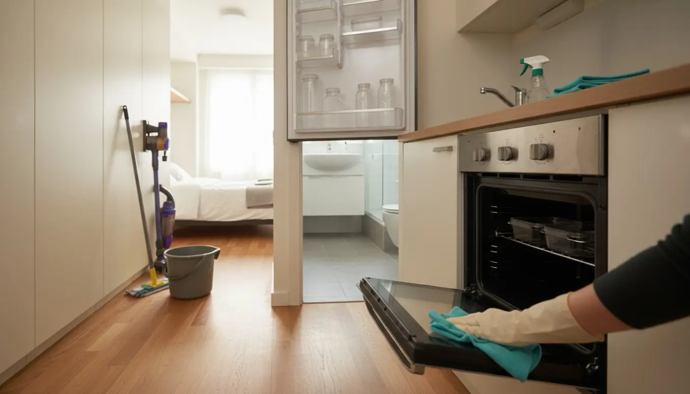 Slutrengøring i en lille lejlighed med åben ovn, køleskab og rengøringsudstyr, hvor en handske-beklædt hånd pudser ovnen.