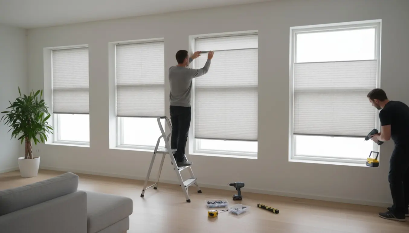 Hænder tilpasser plisségardiner på en række vinduer, der viser top‑down og bottom‑up funktion.