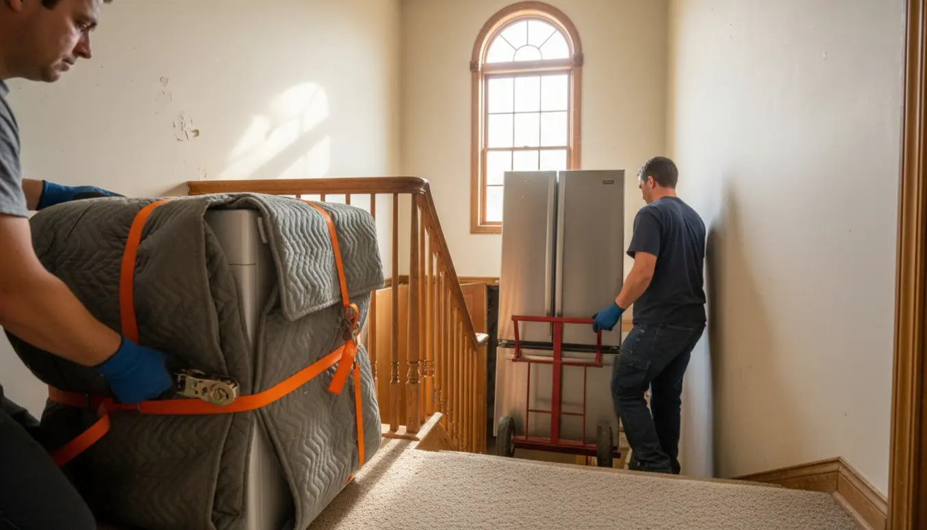 To personer fører et køle-/fryseskab og en vaskemaskine ned ad en trappe mod kælderen, beskyttet med tæpper og stropper.