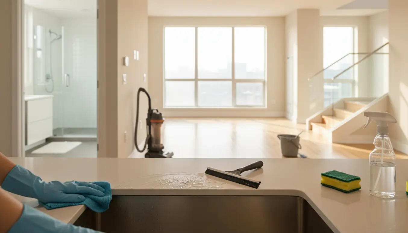 Lys lejlighed under flytterengøring med hands-on rengøring, skinnende overflader og rengøringsudstyr.