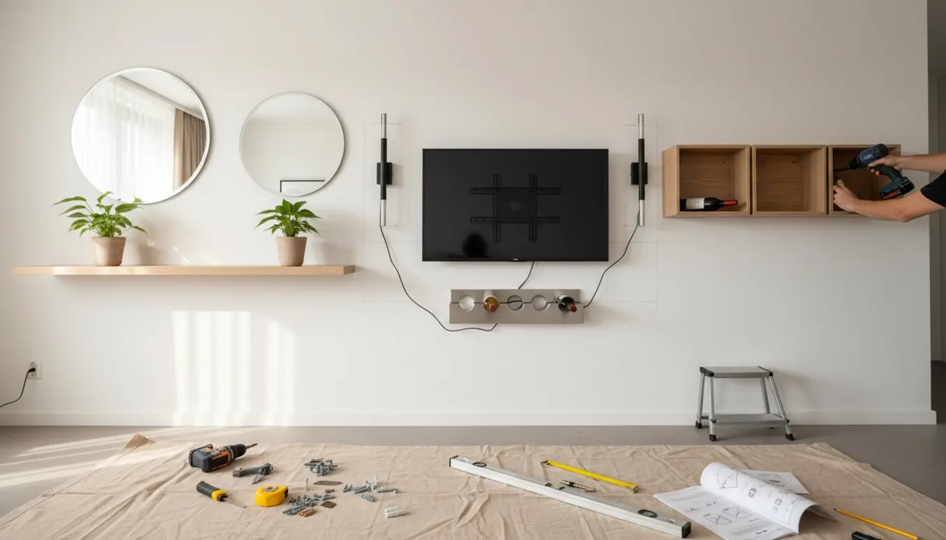 Væg under ophængning med to spejle, reol, bogkasser, tv, vinreol, to lamper, værktøj og to potteplanter.