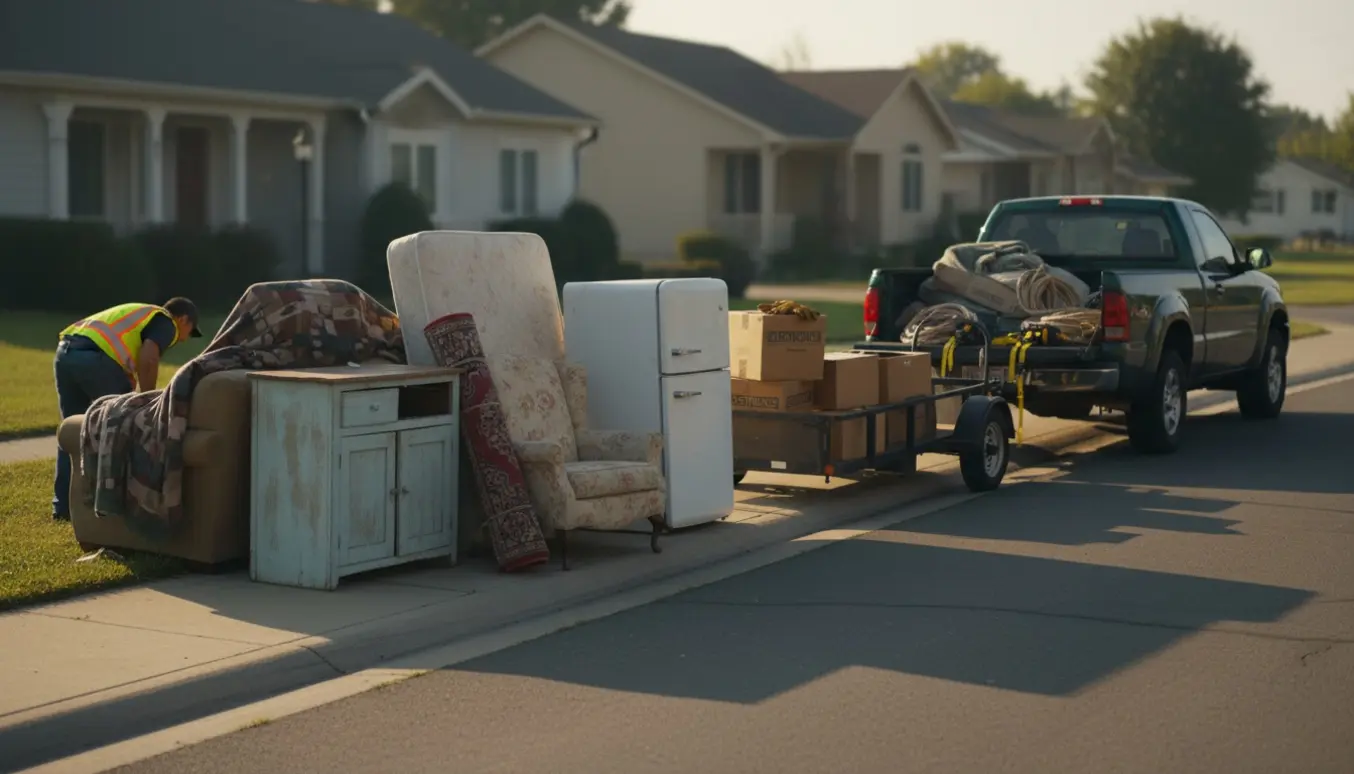 Storskrald lagt ved kantstenen ved en pickup og trailer klar til afhentning.