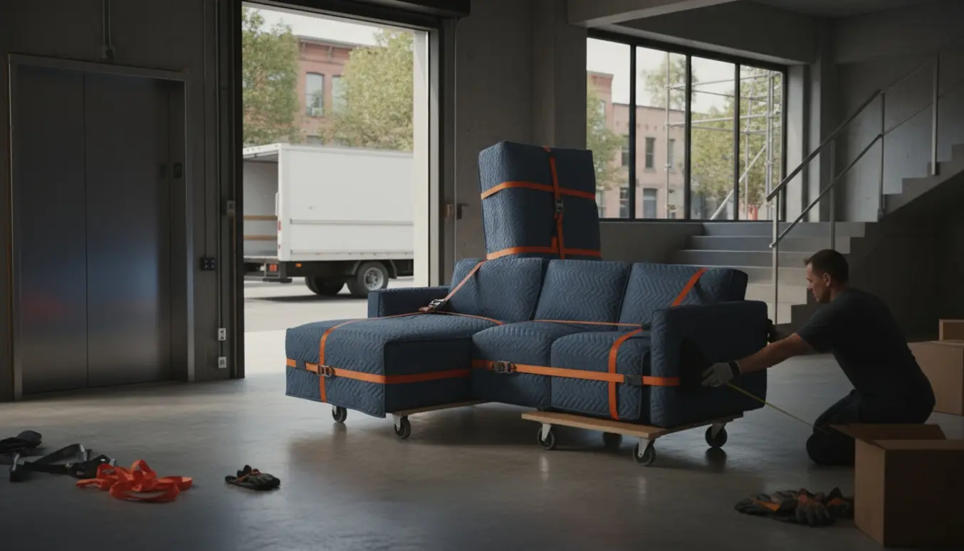 En todelt sofa pakket i flyttetæpper og sikret på en dolly ved butikens indgang klar til at blive læsset i en flyttevogn foran et nybyggeri.