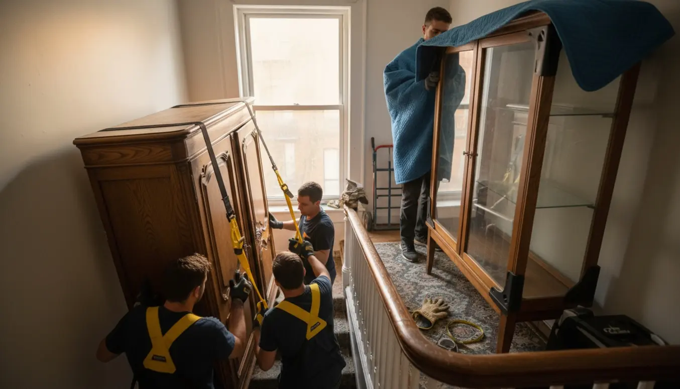 Et træskab bæres op ad en indvendig trappe, mens en glasvitrine sænkes forsigtigt ned; fokus på møbler og hænder uden tydelige ansigter.
