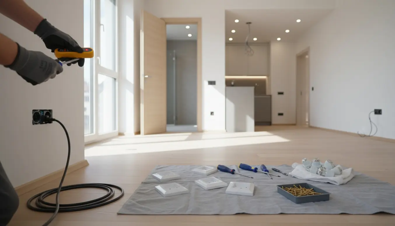 Elektriker arbejder med at udskifte stikkontakter og tjekke spotbelysning i en lys lejlighed.