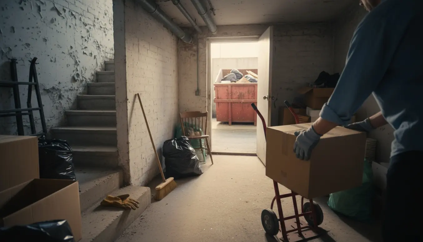 To små kælderrum under oprydning med poser, papkasser og en container udenfor.