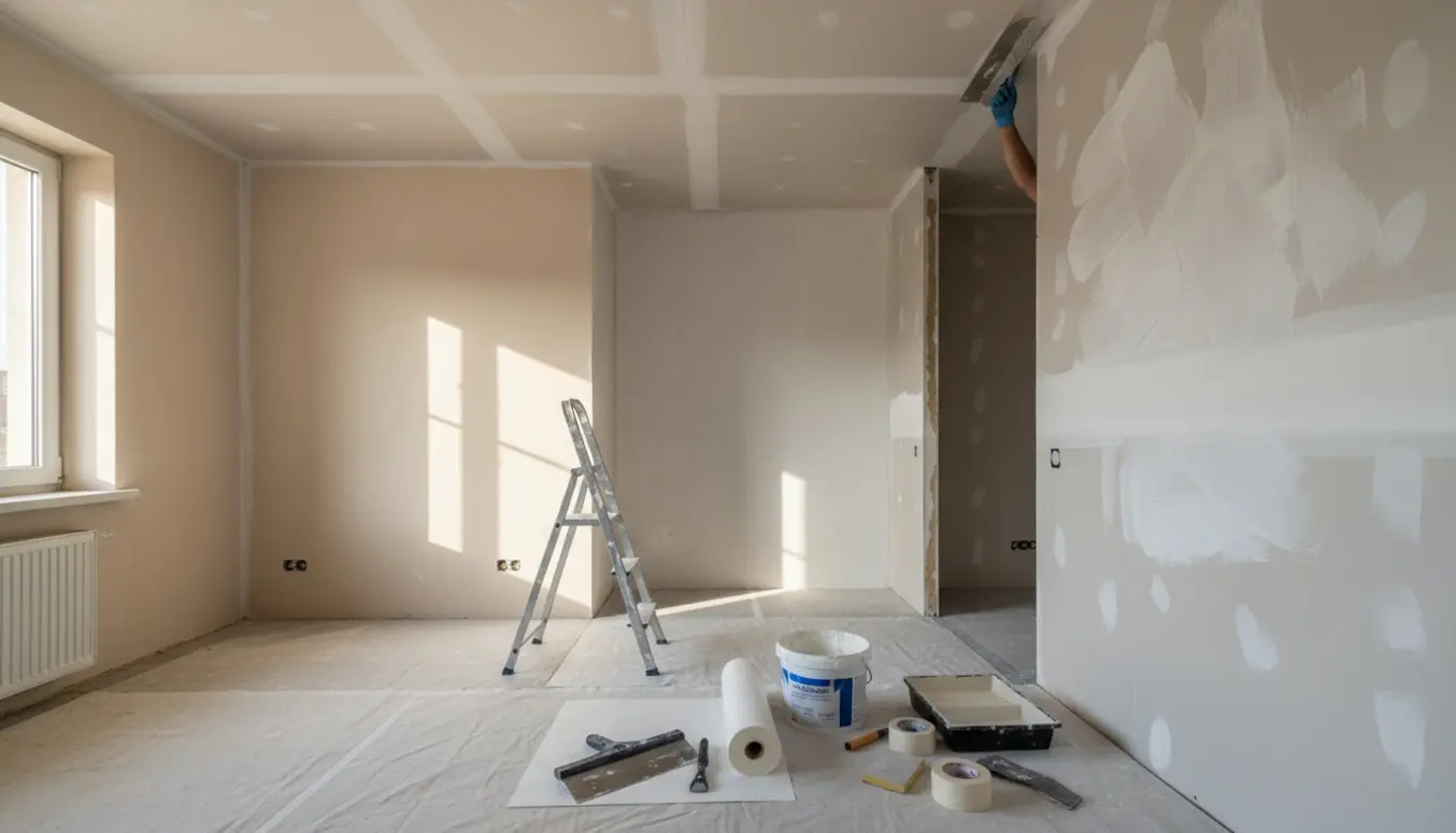Indvendigt billede af et rum med spartlede gipsvægge, ruller med filt og hænder der glatter spartelmasse.