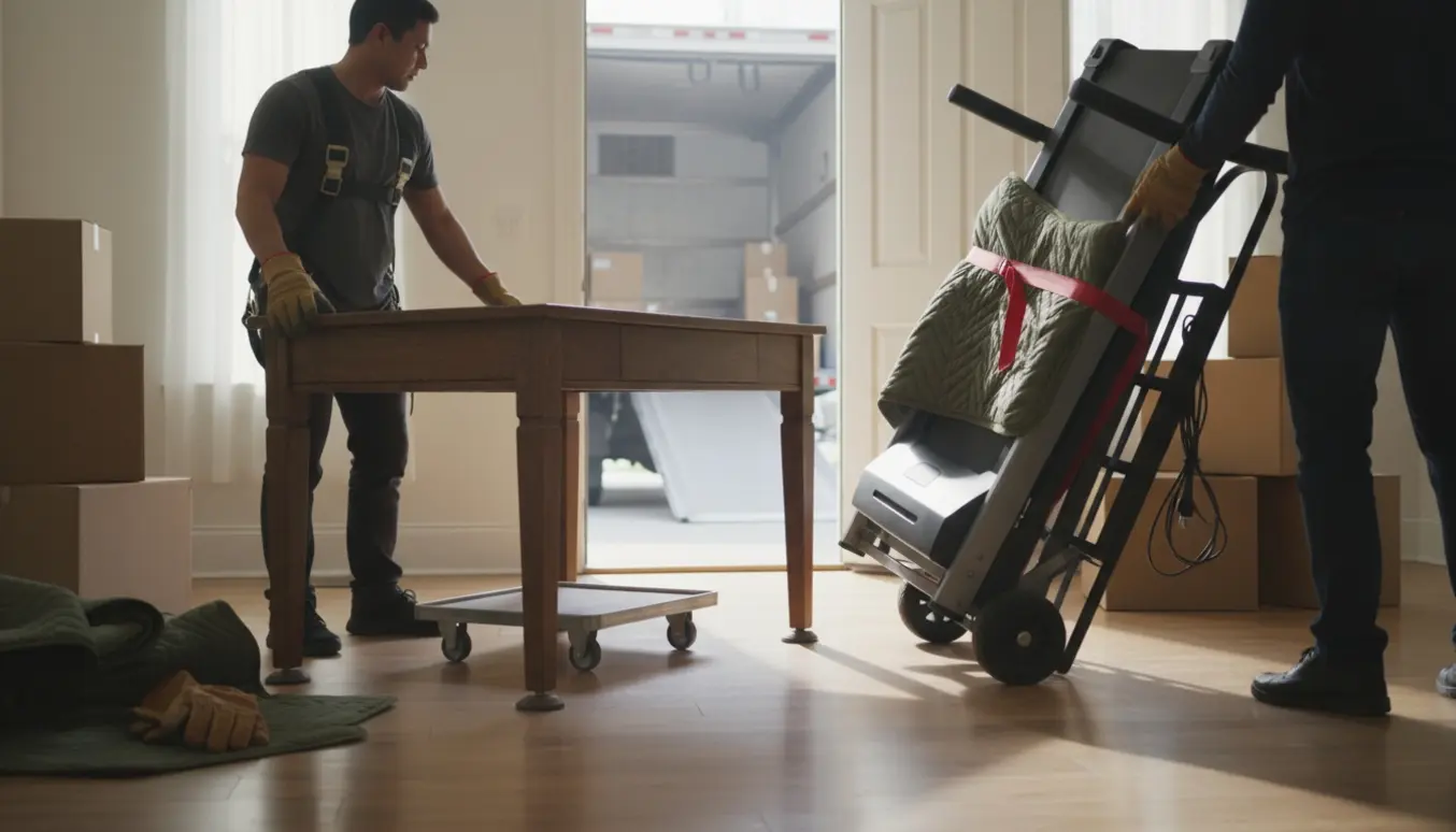 To personer flytter et tungt skrivebord og et løbebånd i entréen, ansigter ikke synlige.