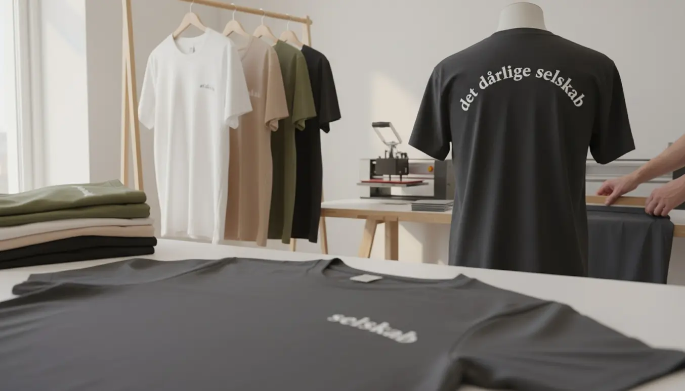 Syv t-shirts i en lys trykworkshop med teksten det dårlige selskab i bue på ryggen og samme tryk på venstre bryst.