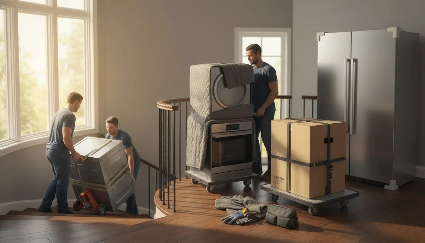 Flyttefolk bærer store hårde hvidevarer op ad en beboelsestrappe med flytteudstyr i baggrunden.