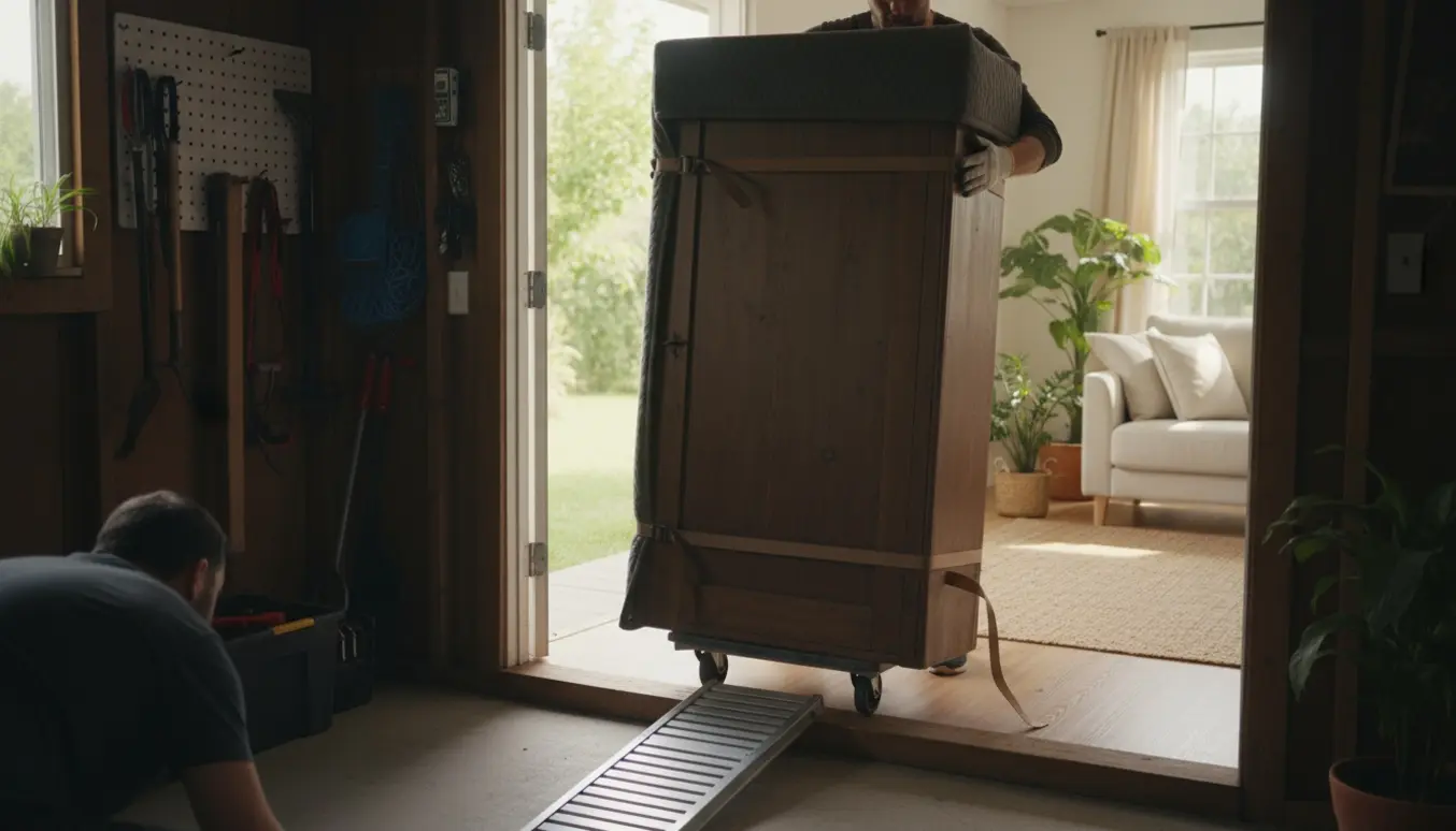 Et tungt træskab på en møbeltralle flyttes fra skuret ind i en hyggelig stue, to hjælpere vist uden tydelige ansigter.