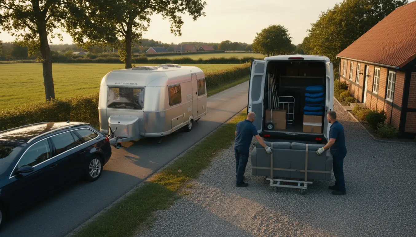 Campingvogn trækkes ad en dansk landevej ved Kolding, mens en sovesofa løftes ind i en flyttevogn på en indkørsel.