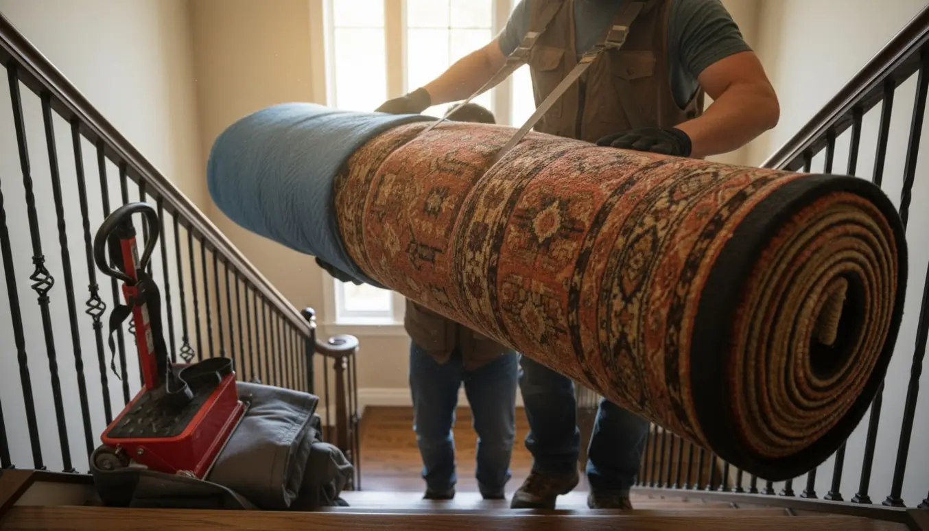 To flyttefolk bærer et stort tæppe ned ad en lys trappe, ansigter skjult.