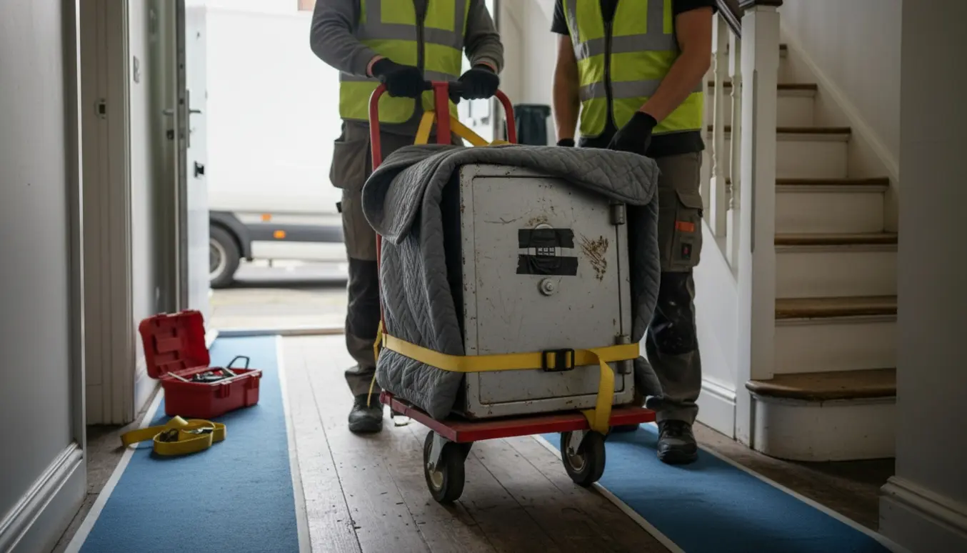 Et pengeskab bæres ned ad trappen i et rækkehus af flyttefolk med dolly og beskyttelsestæpper.
