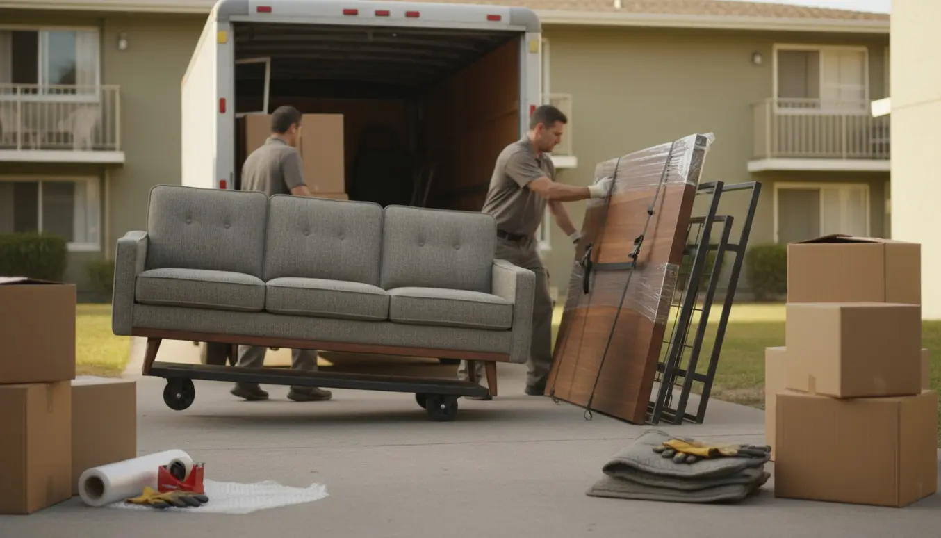 Flyttefolk bærer en sofa og to senge ind i en flyttebil ved en lejlighedsindgang, omgivet af flyttekasser og beskyttelsesudstyr.