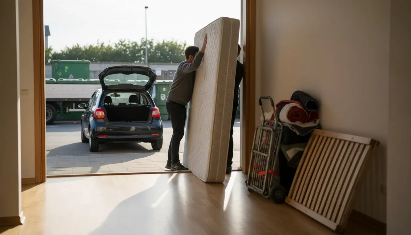To personer bærer en madras ud af en lejlighed mod en genbrugsstation, med en lille bil i baggrunden.