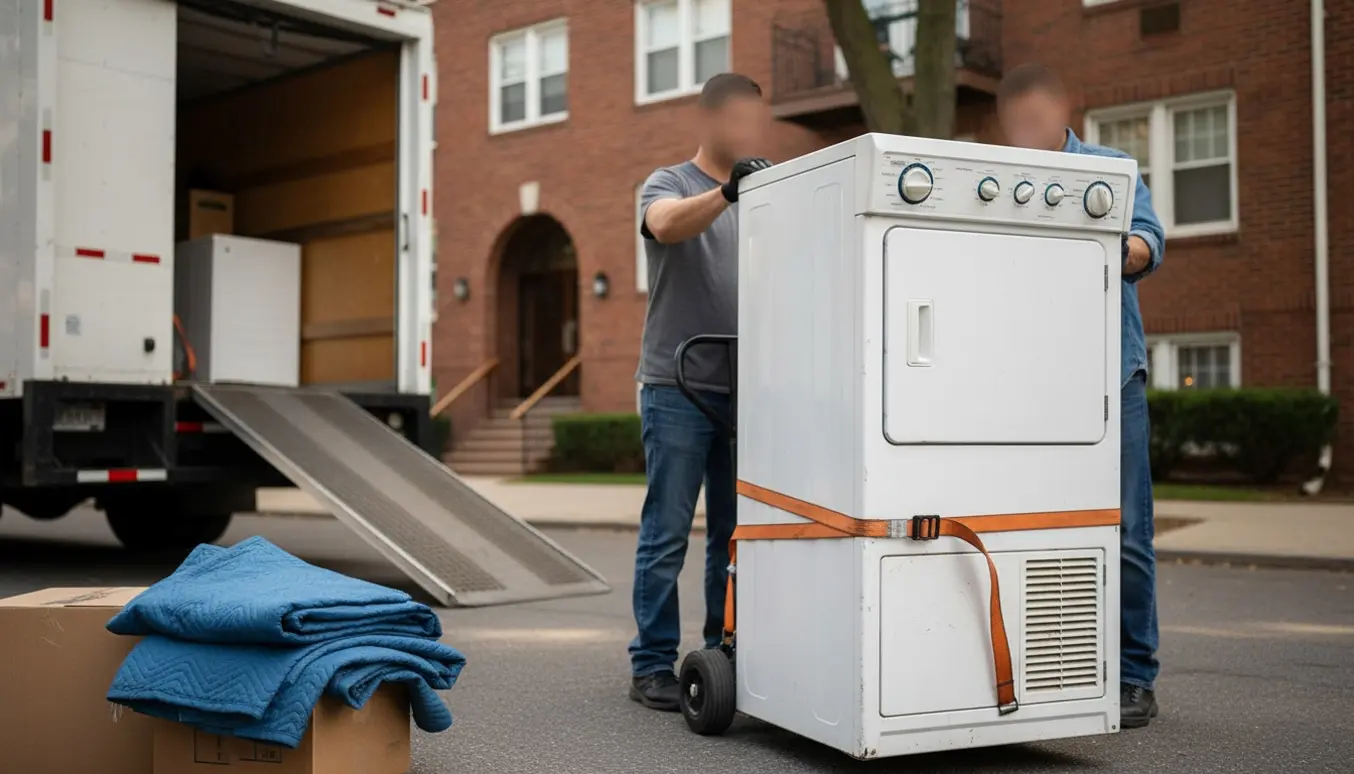 To flyttefolk læsser en vaskemaskine og tørretumbler ind i en flyttebil foran en lejlighedsbygning.