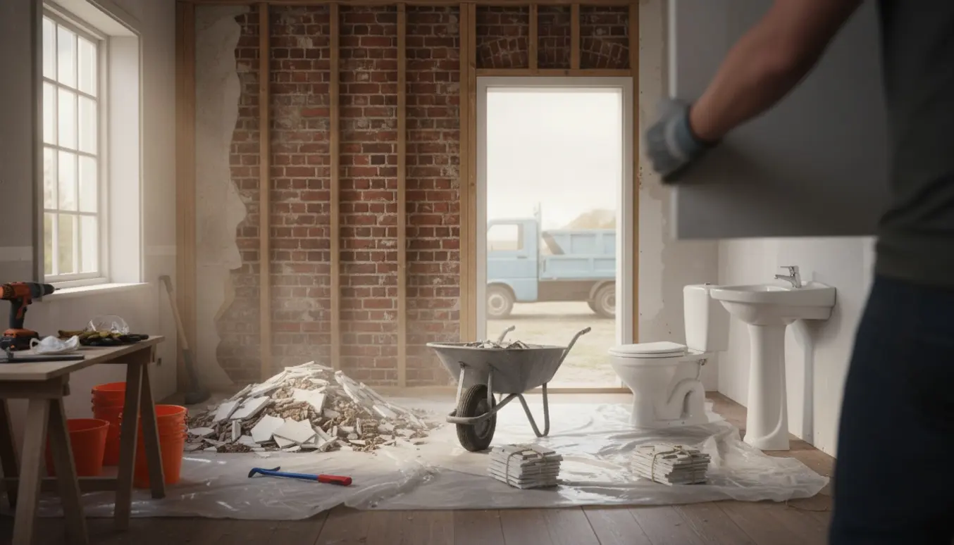 Indendørs foto af en villa under nedrivning med åben væg, værktøj, afdækket sanitet og klar til bortkørsel.