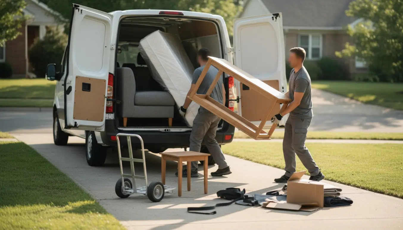 To hjælpere løfter sofa, madras og spisebord ind i en hvid varevogn på indkørslen.