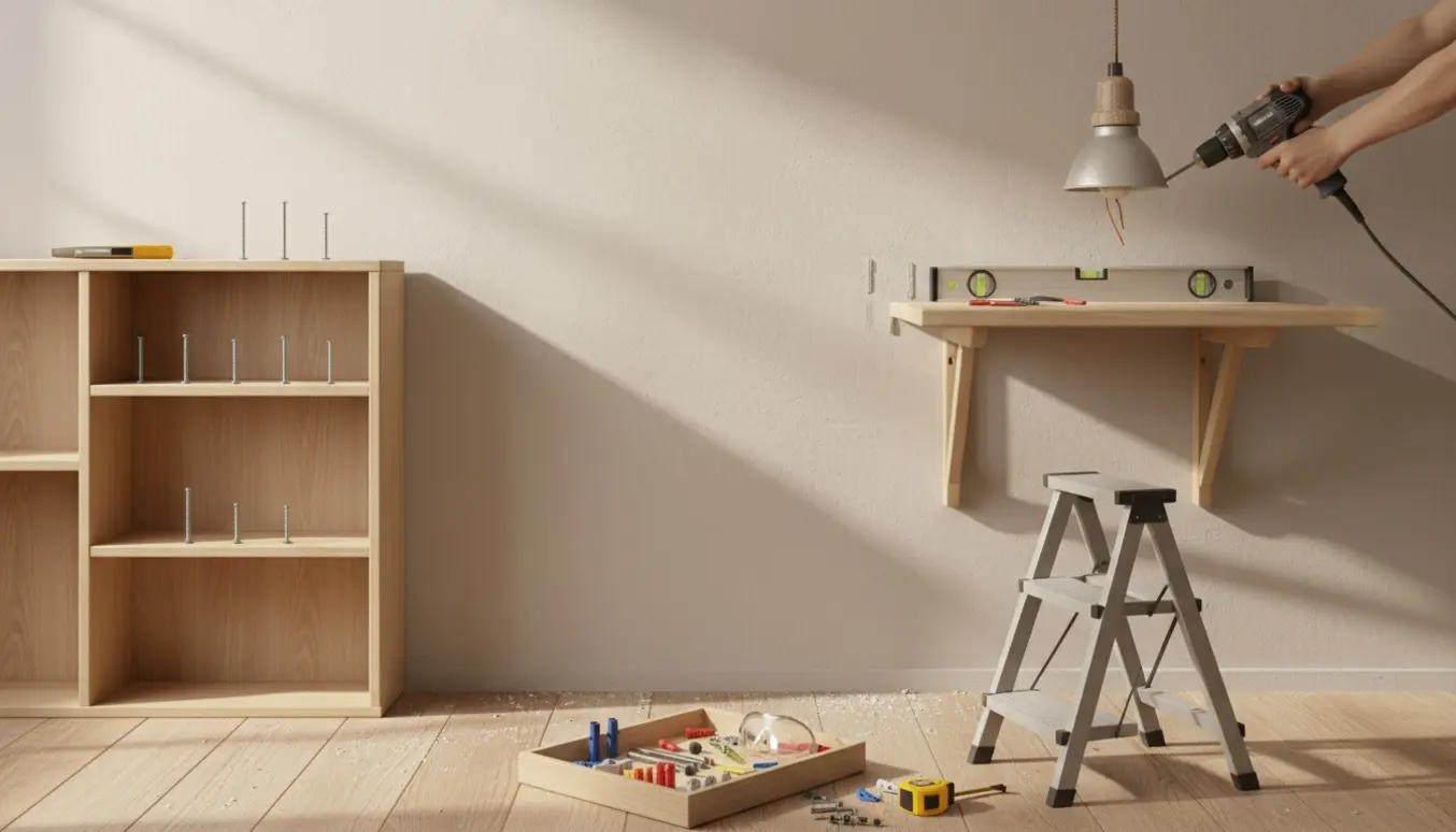 Hænder monterer et vægmonteret bord og lampe med en boremaskine og værktøj på en lys stuevæg.