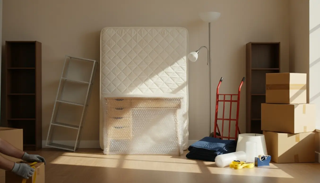 Møbler, flyttekasser og en tralle i en lys lejlighedsentré klar til flytning.