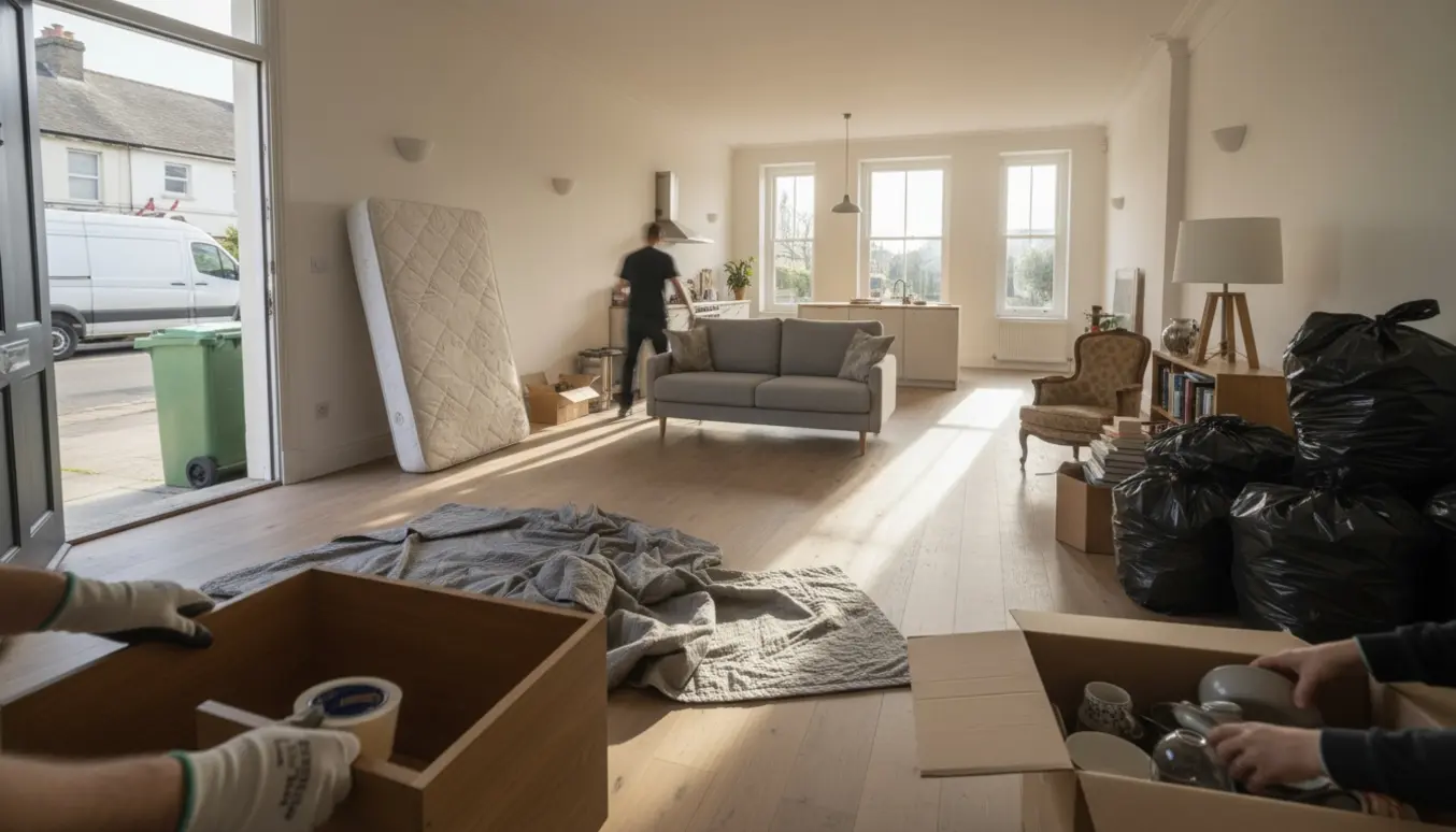 Interiør af et delvist tømt rækkehus med sække, flyttekasser og en flyttebil udenfor klar til bortskaffelse og genbrug.