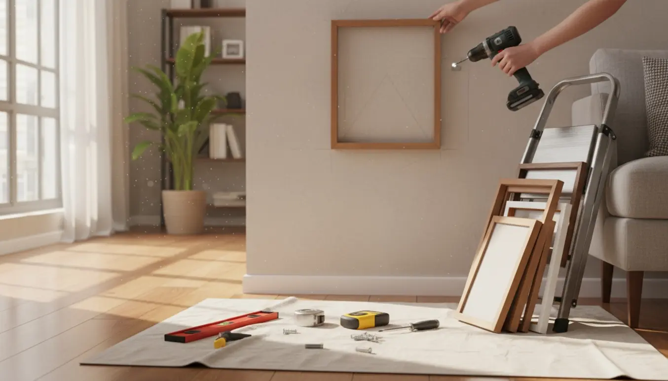 Nærbillede af hænder, der monterer flere billedrammer på en væg med en boremaskine og værktøj.