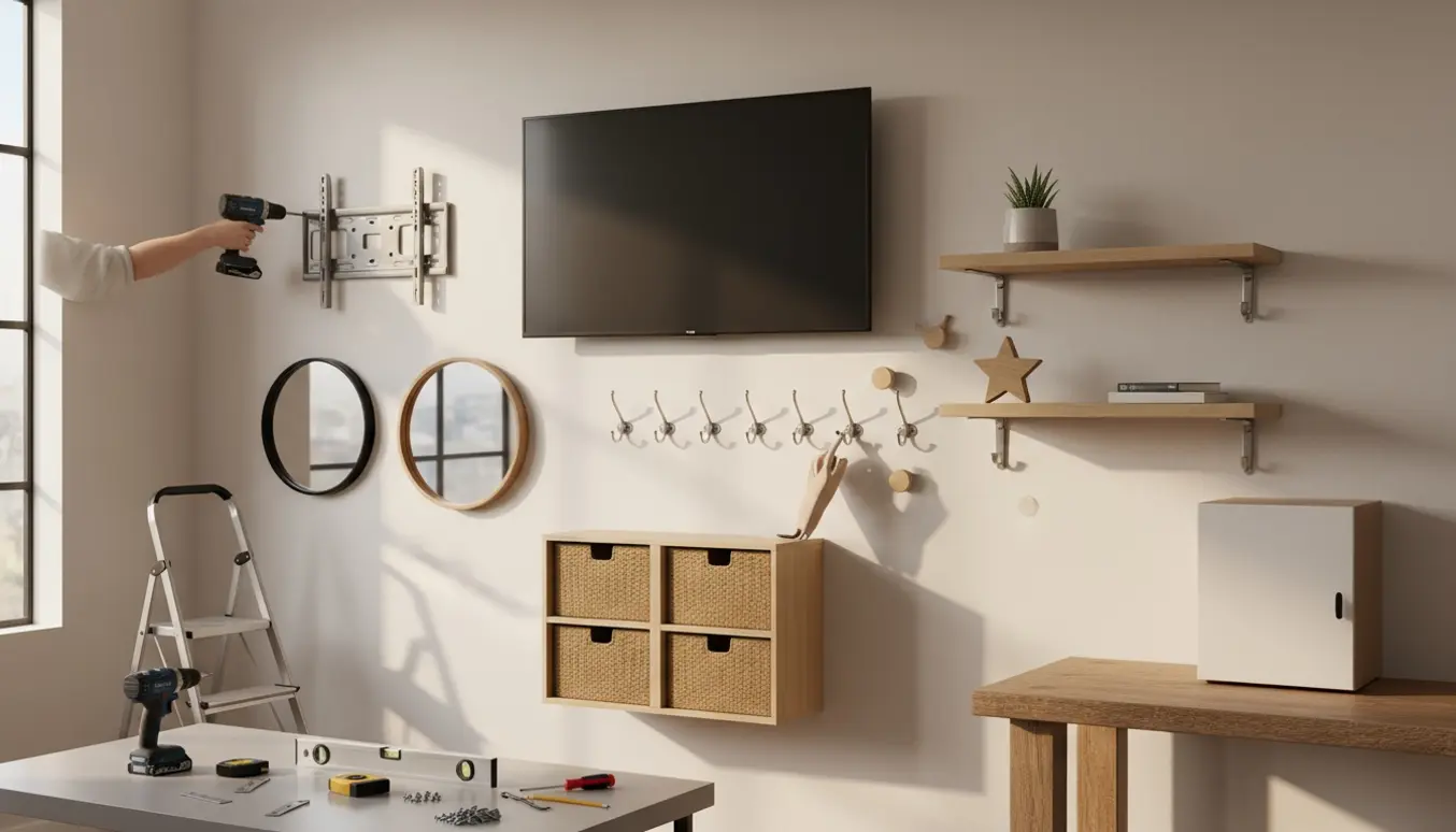 Hænder monterer tv-beslag og hylder på en væg med spejle, knager, kasser og et lille skab i naturligt dagslys.