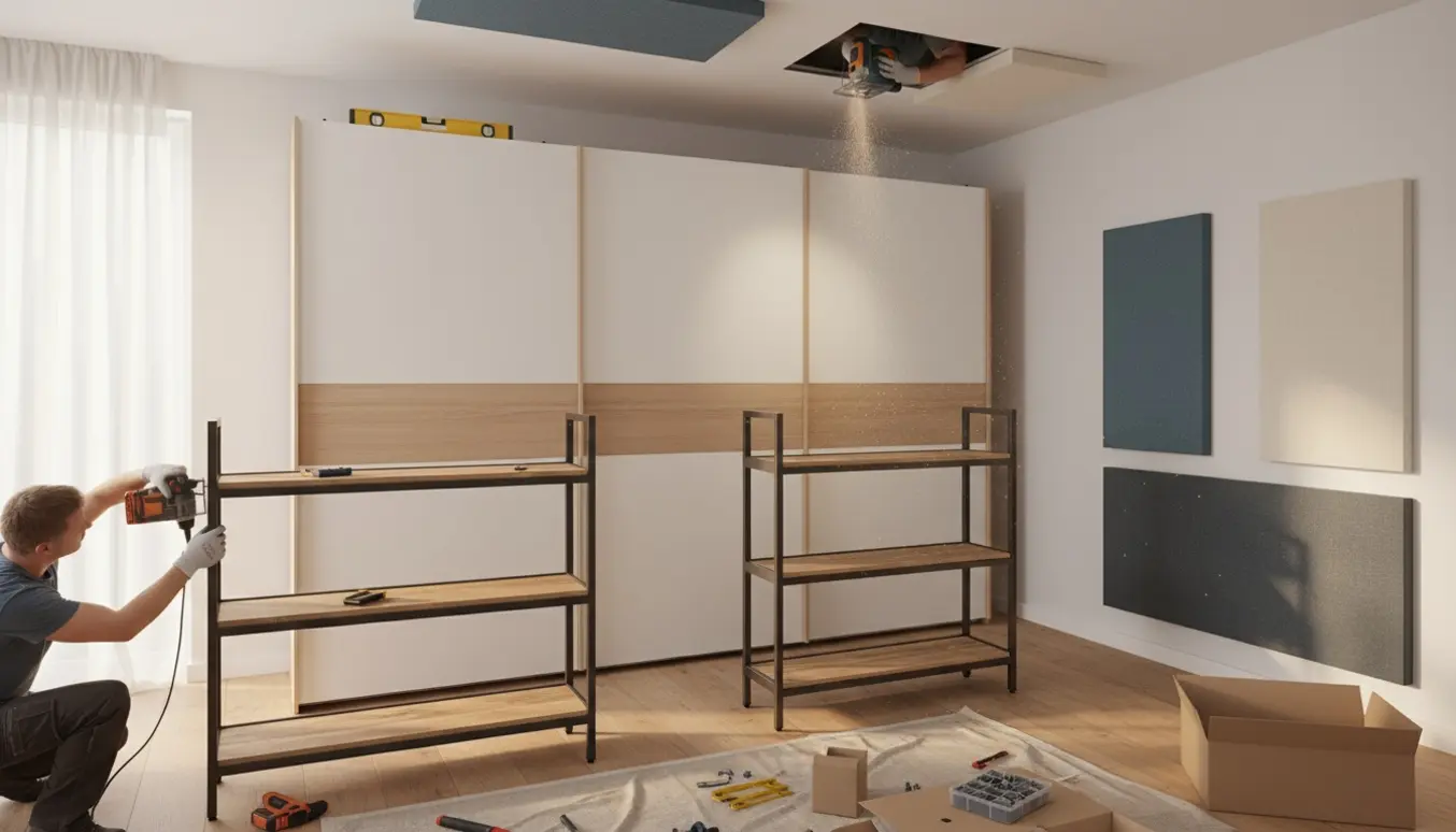 Halvfærdigt skab med skydedøre, to metalhylder og akustikpaneler, håndværkerhænder monterer panel i loftet.