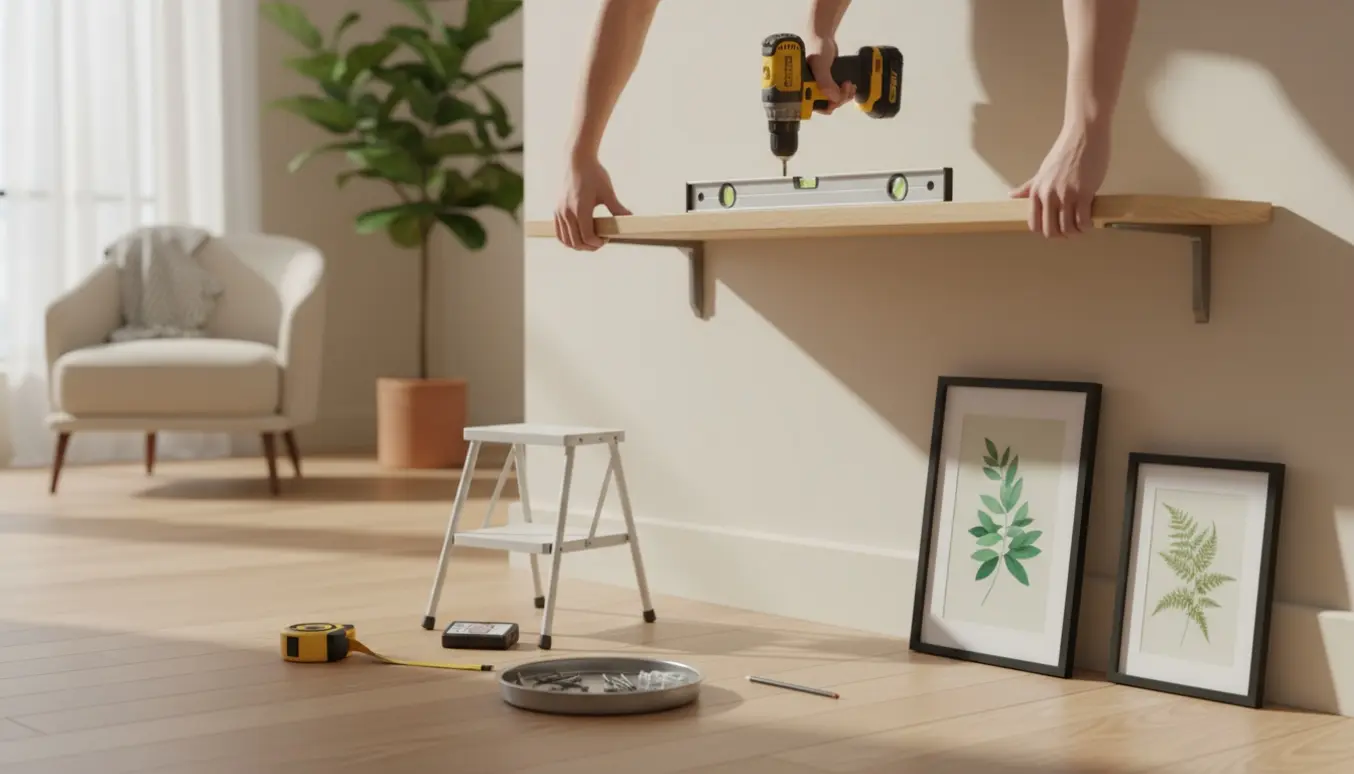 Hænder monterer en væghylde og hænger billedrammer op i et lyst stuehjørne.