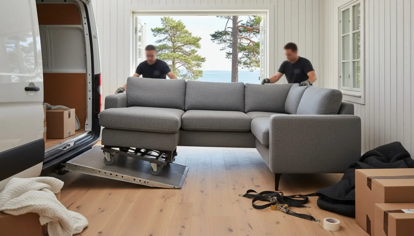 En grå hjørnesofa bliver båret fra en åben varebil ind i et lyst sommerhus ved kysten, ansigter er slørede.