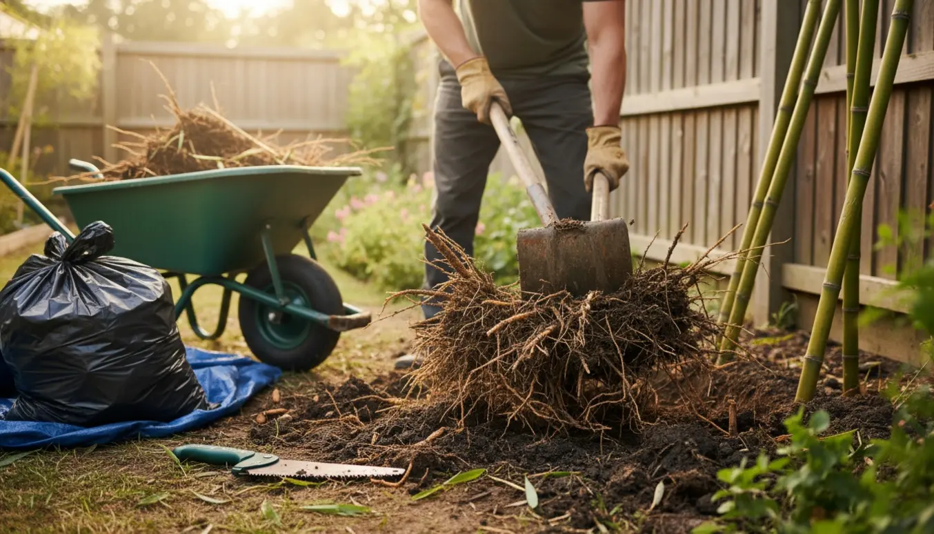 Nærbillede af handske‑klædte hænder, der graver og fjerner et stykke bambus med rodnet ved siden af trillebør og værktøj.