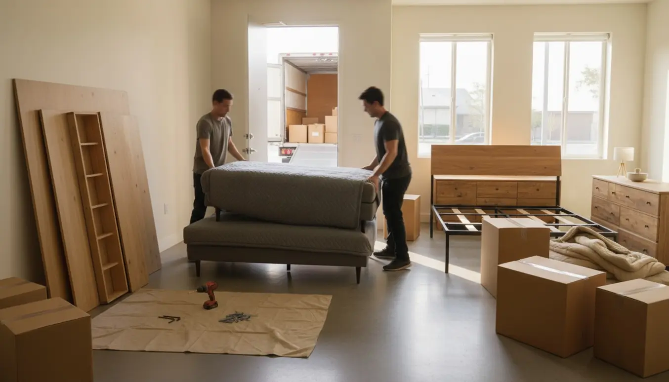 To flyttefolk læsser modulsofa, adskilte PAX-paneler, kommoder og flyttekasser ved en opgang med varevogn i baggrunden.