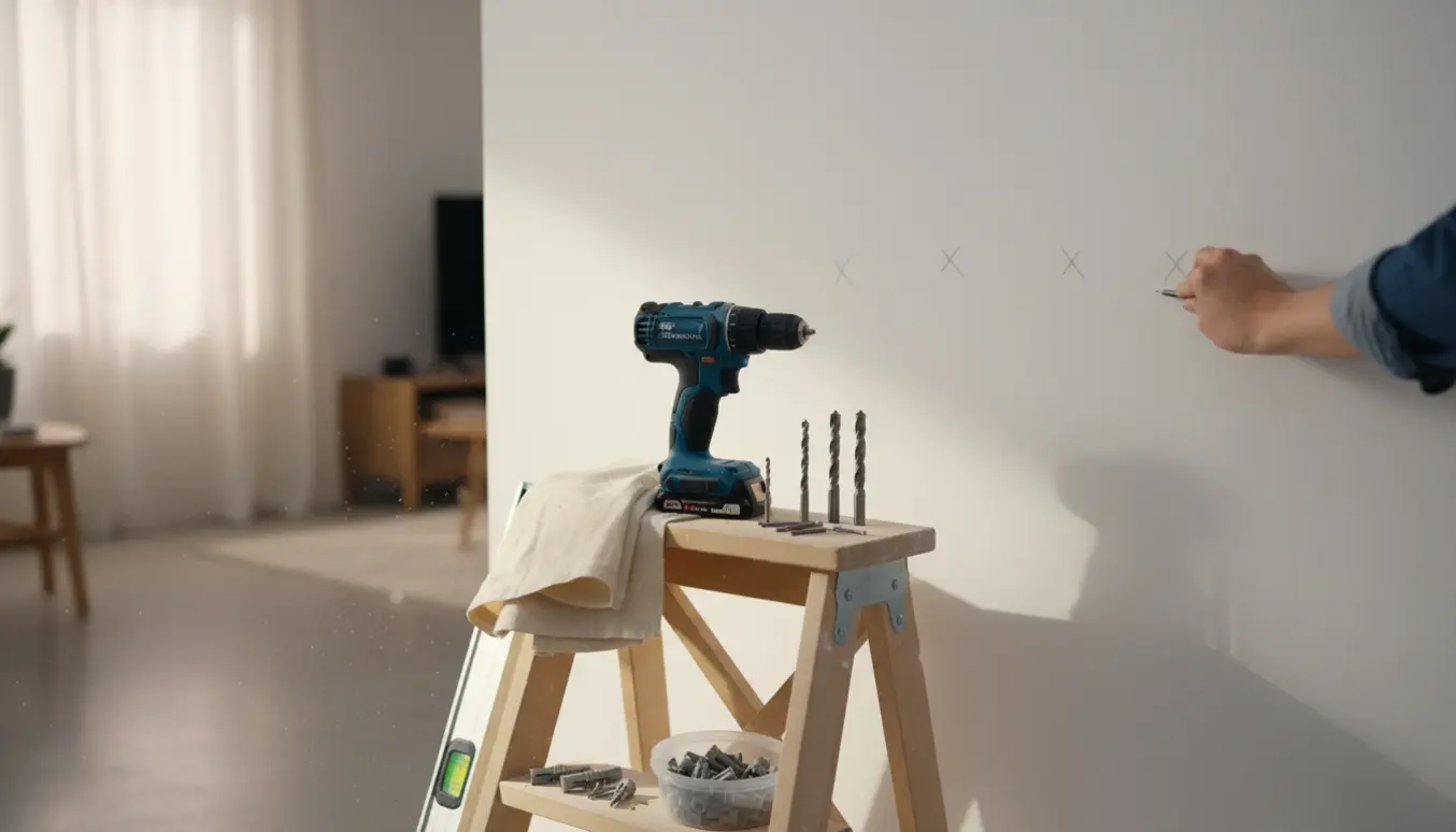 Nærbillede af markerede punkter på en væg og værktøj klar til at bore tre huller.