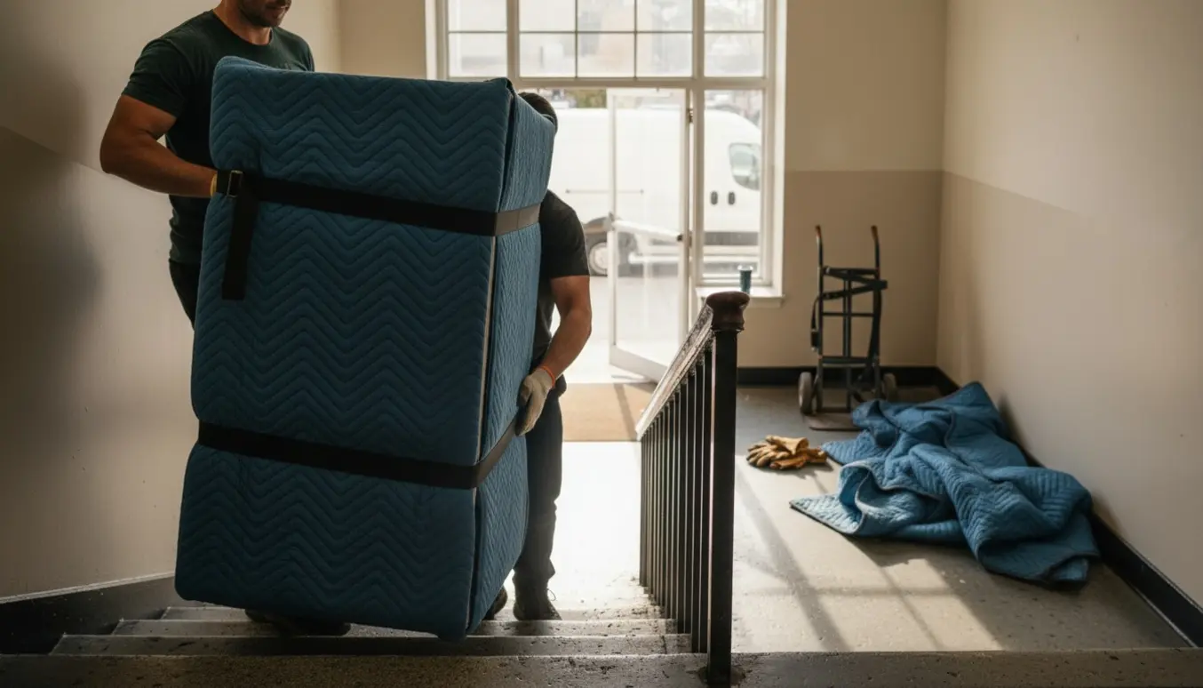 Et køleskab bæres ned ad en lys trappeopgang af to flyttere, pakket i flyttetæppe og løftestropper.