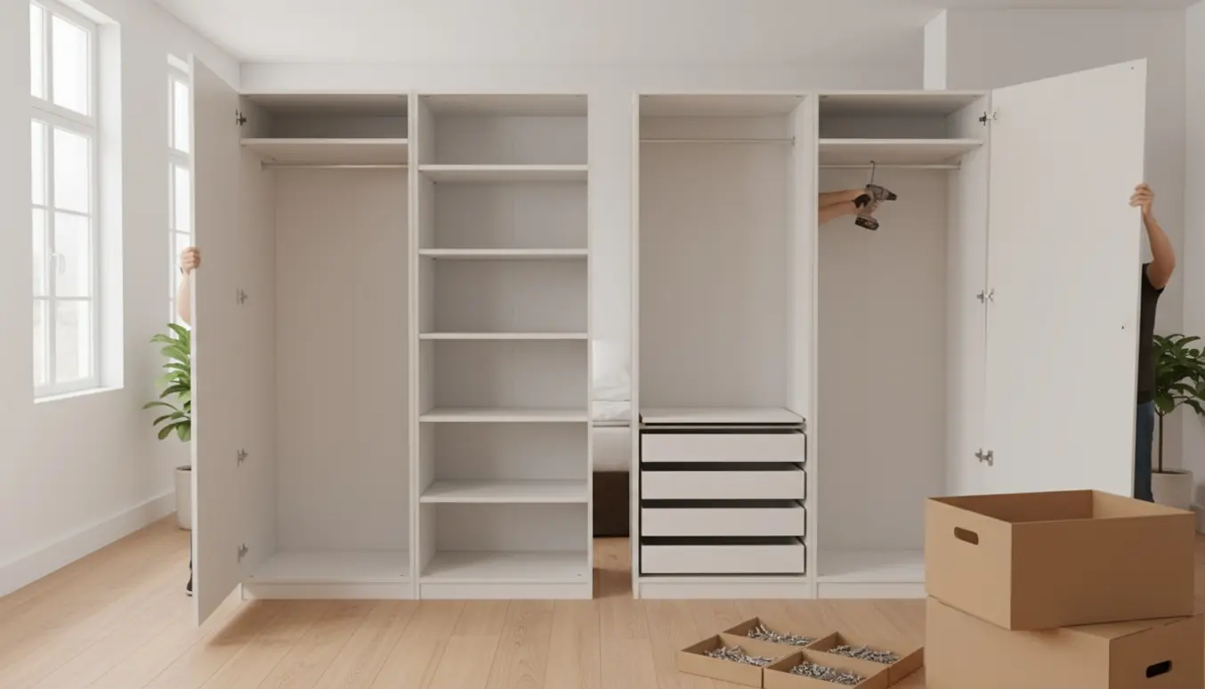 To identiske hvide skabe under samling i et lyst soveværelse med værktøj og flade pakkekasser.