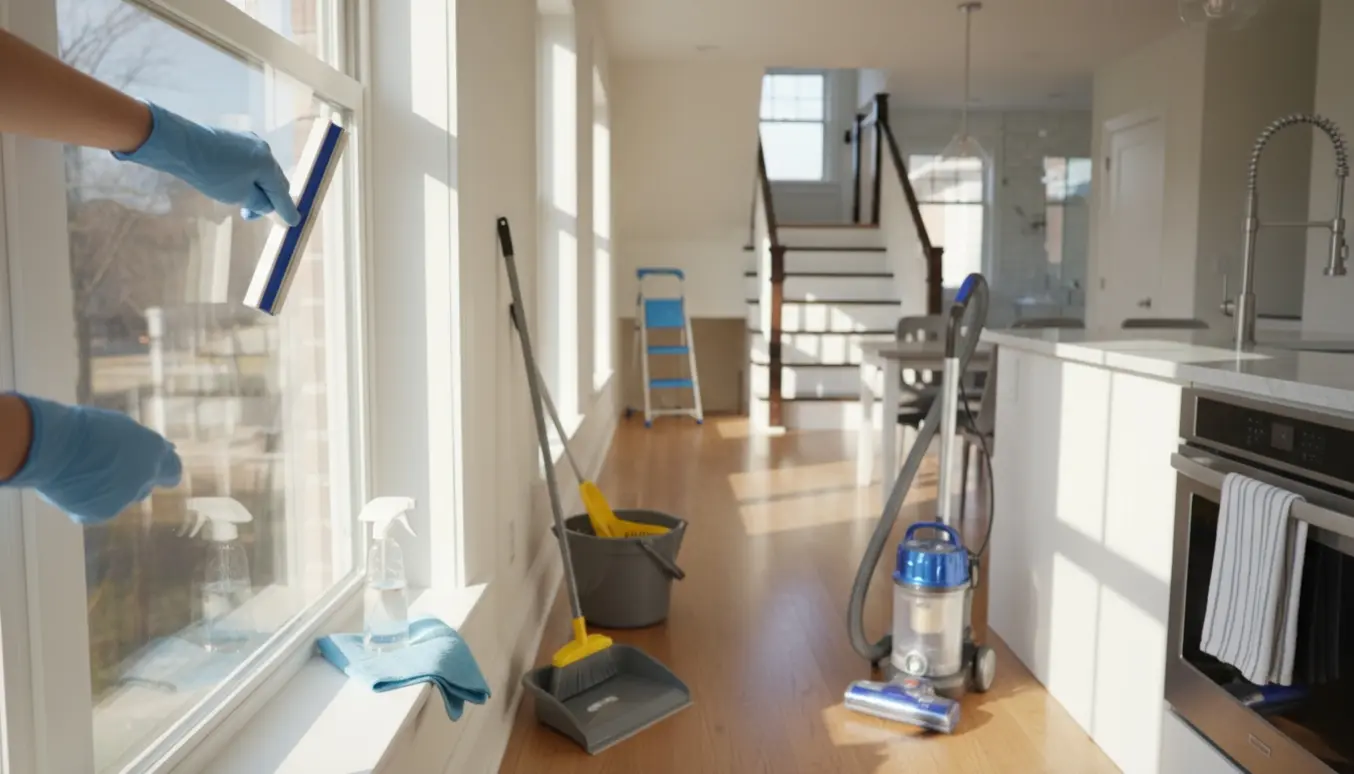 Soloplyst stue med rengøringsudstyr ved nypudsede vinduer og synlige trapper til over- og underetage.