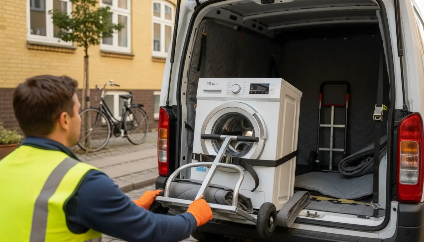 En mover læsser en kompakt vaskemaskine ind i en varevogn på en københavnsk gade om formiddagen.