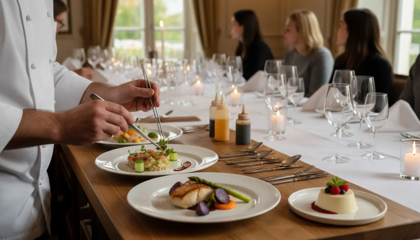 Privat kok anretter en elegant tre-retters menu ved et bord til en lille konfirmation.