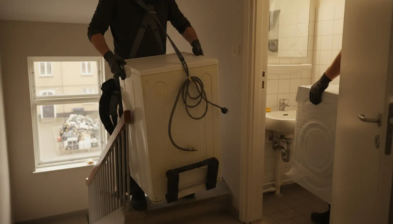 To personer bærer en gammel vaskemaskine ned ad en trappe, mens en ny maskine løftes ind i badeværelset, med storskrald i gården nedenfor.