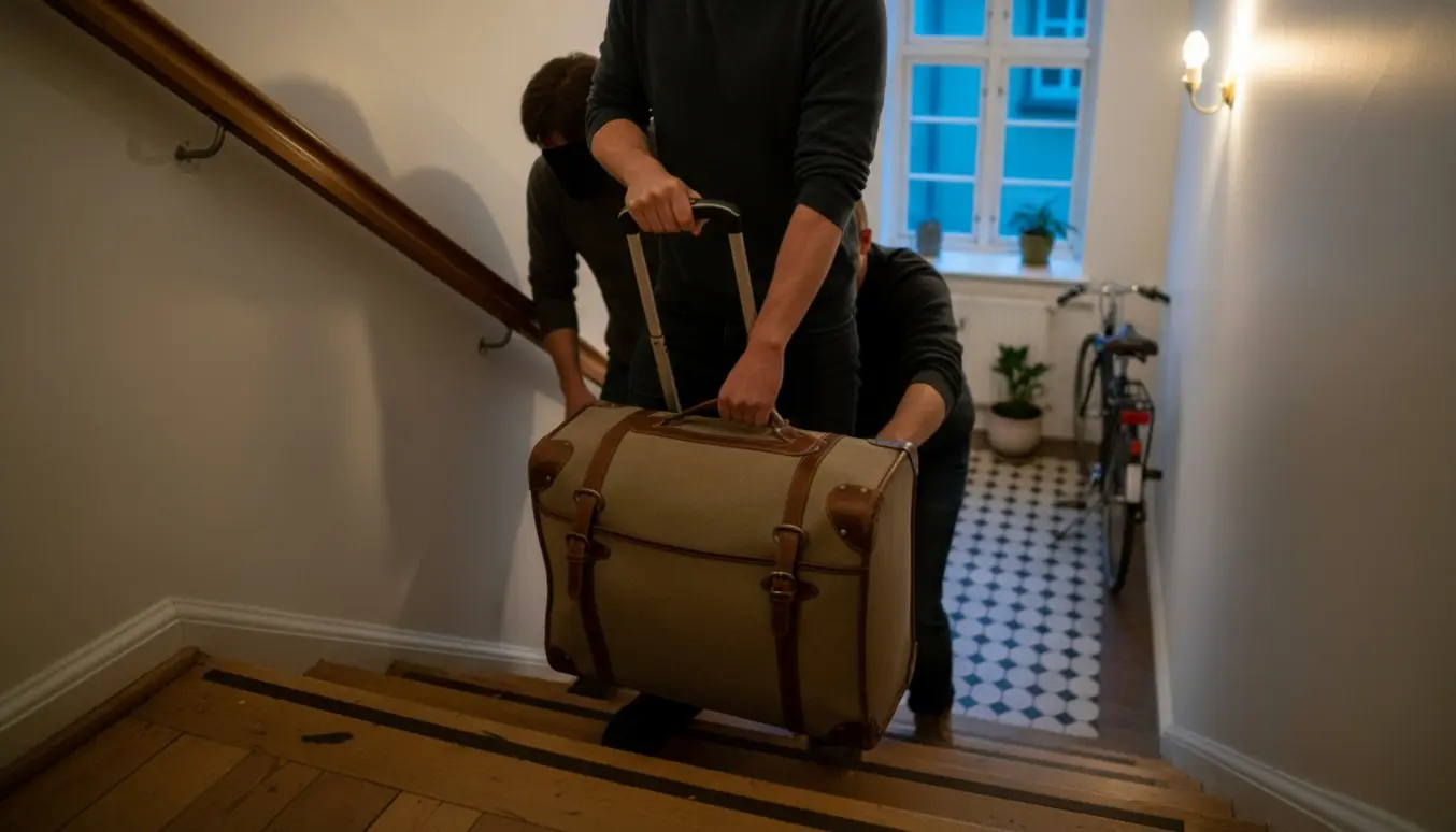 Hænder hjælper med at bære en stor kuffert op ad en smal opgangstrappe i en Østerbro-lejlighed om aftenen.